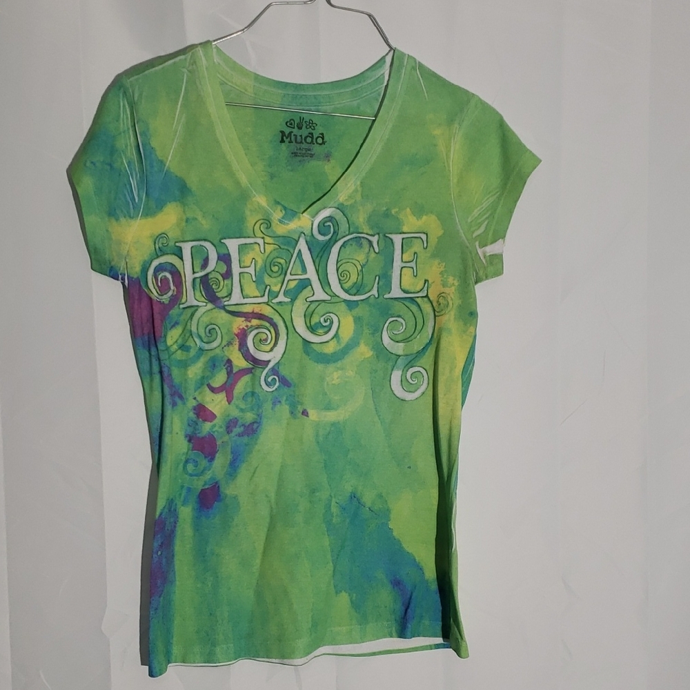 Juniors Y2K MUDD Green Peace Graphic Tee Large Tie Dye